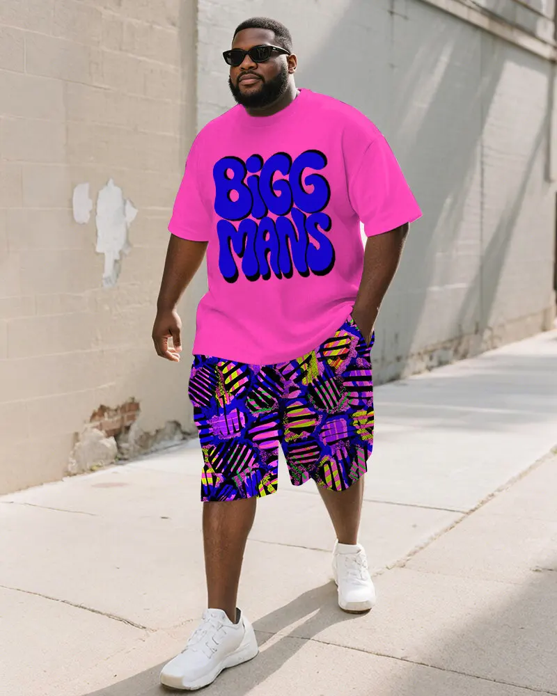 Men's Plus Size 2 Piece Bubble Letter T-Shirt and Printed Shorts Set, Short Sleeve, Colorful Casual Summer Streetwear, S-9XL