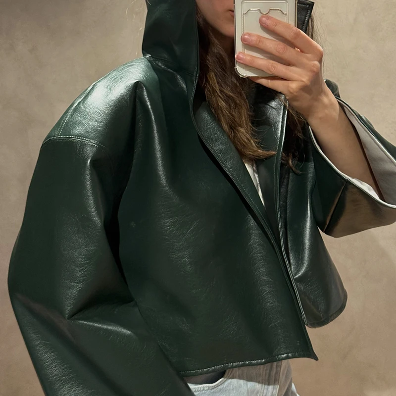 Rollkragen-Kurzjacke aus Kunstleder für Damen, Oversize-Streetwear mit Langen Ärmeln, Einfarbig, Locker Sitzende Mäntel, Schicke Damen-Oberbekleidung, Neue Kollektion – Detail 29