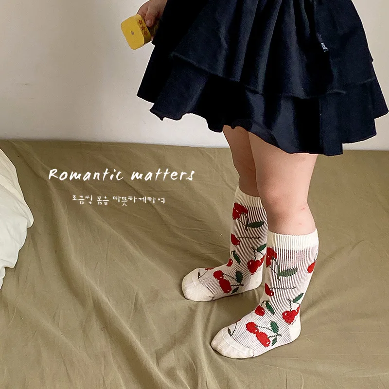 Girls Socks Spring Cotton Socks Cute Cherry Flower Socks Kids Calf Length Double Woven Cotton Socks