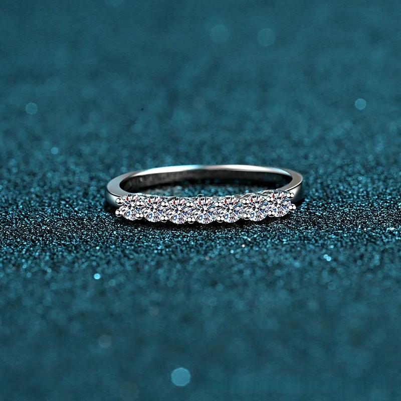 

925 Sterling Silver Moissanite Ring, 7-Stone Dainty Eternity Band, Minimalist Hypoallergenic Stackable Ring for Women,