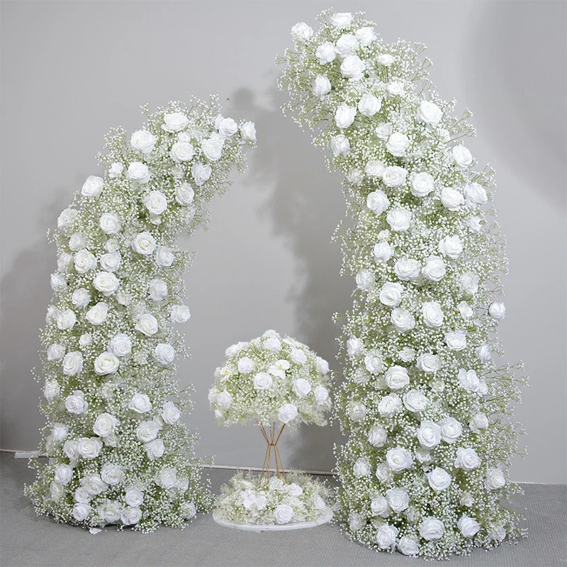 Gypsophila Rose Flower Row Arrangement Horn Arch Wedding Backdrop Decoration Artificial Flower Ball Floral Wall Decor Party Prop