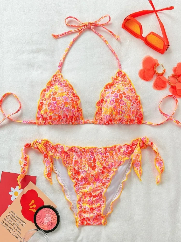 

Women Cute Bikini Set 2025 New Summer Orange Floral Print Halter Ruffles Push Up Tie Side Thong Swimsuit Bathing Suit