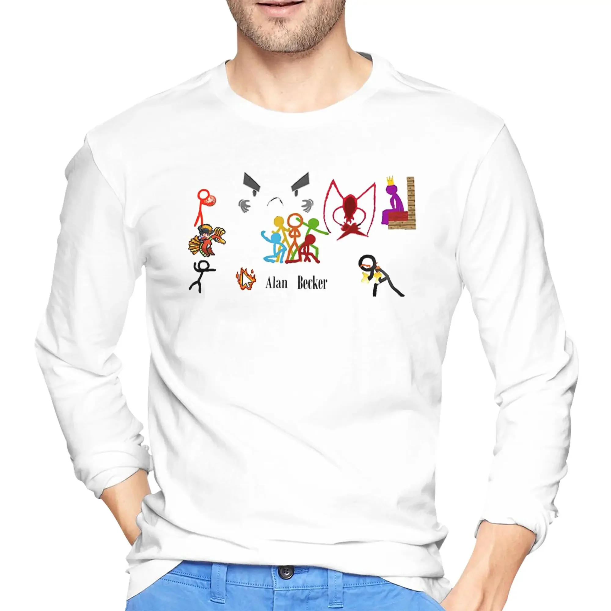 

Alan Becker Five Stick Figures With Fire Mouse Pickaxe Мужская футболка с длинными рукавами и круглым вырезом Весенние и осенние мужские топы