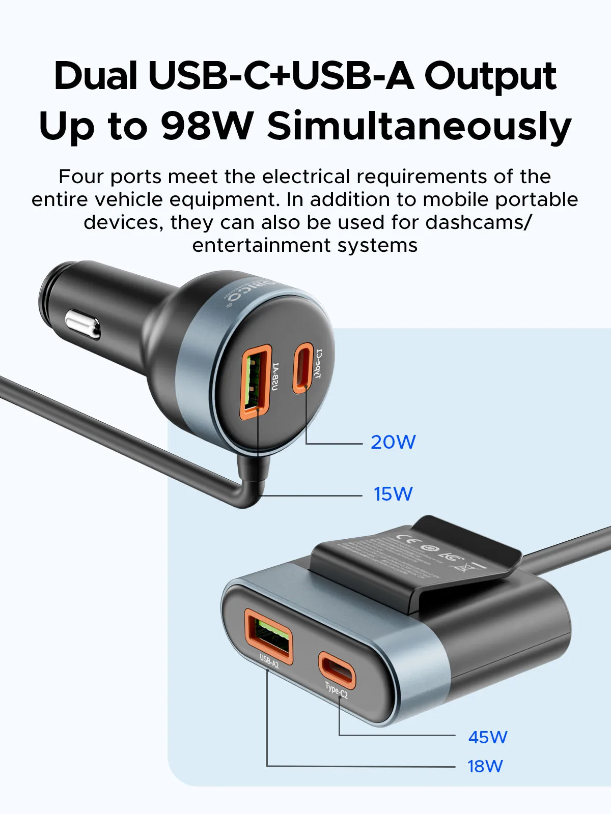 Orico 98W Autolader 2 USB-A En 2 Type-C Clip Ontwerp Voor Voor En Achterbank Familie Reizen Voor Apple Samsung Pd Qc 3.0
