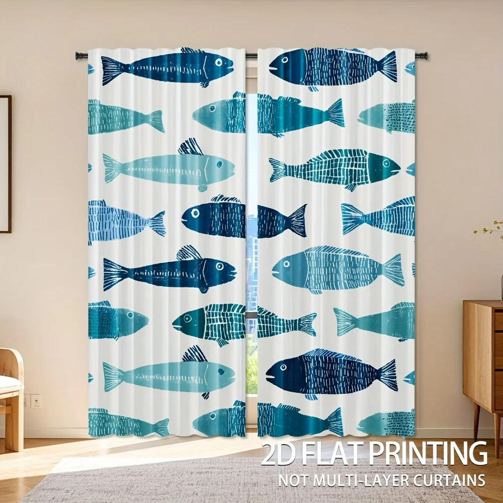 Hand-painted fish pattern in Nordic blues Print Drapes Room Darkening Window Curtains Home Decor,Rod Pocket Blackout Curtains