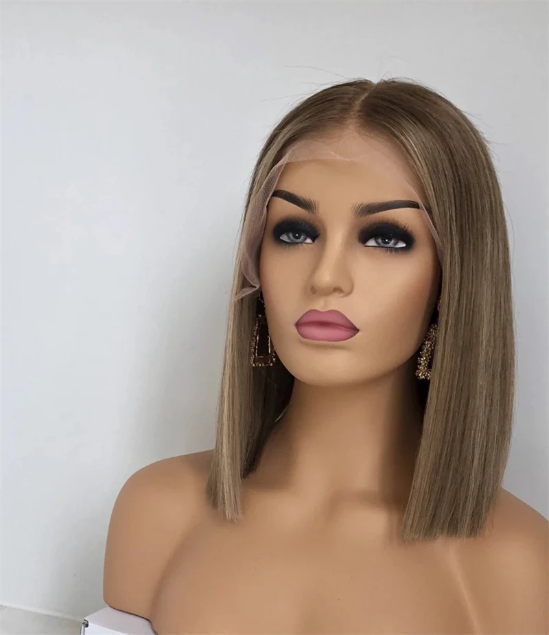 Short Bob Ash Blonde Lace Frontal Wig 100% Human Hair Brown Highlight 13x4 Straight HD Lace Front Human Hair Wigs For Women