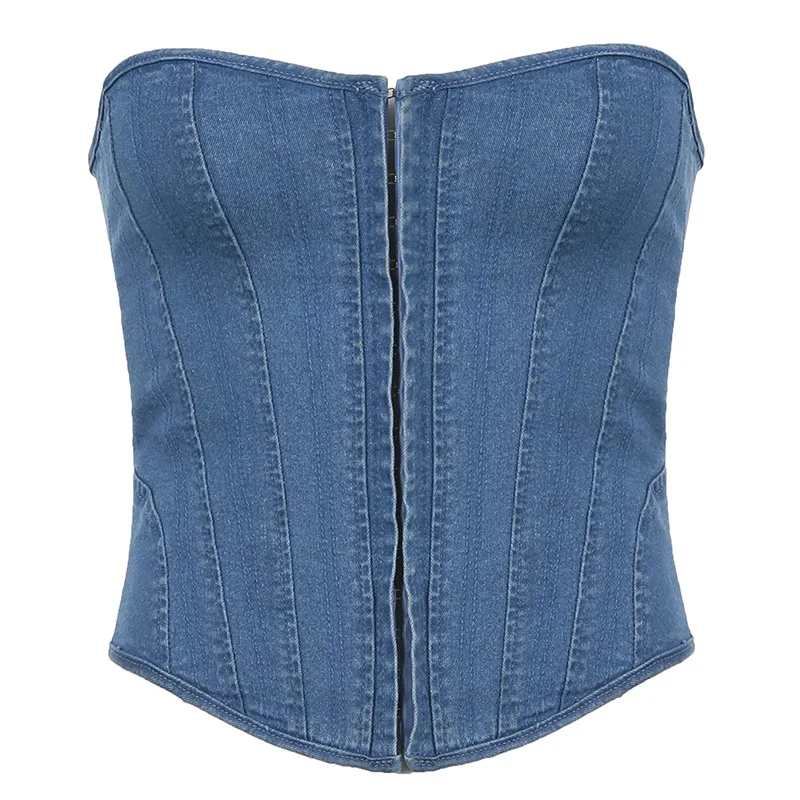 New Women\'s One Line Neck Spicy Girl Vintage Denim Fish Bone Slim Fit Plastron Strap Solid Color Sexy Bra Tank Top Corset Tops