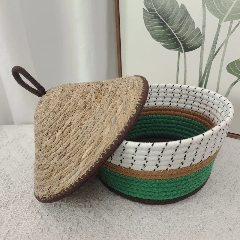 HYS cotton rope woven storage basket with lid desktop finishing basket entrance sundries storage basket straw woven