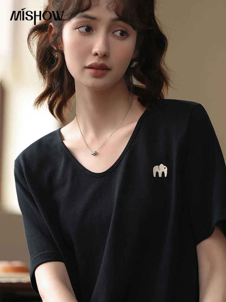 MISHOW Women\'s Loose Versatile T-Shirt 2023 Summer Multiple Colors Tops Embroidery Elephant Female Casual V-Neck Tees MXC33T0036