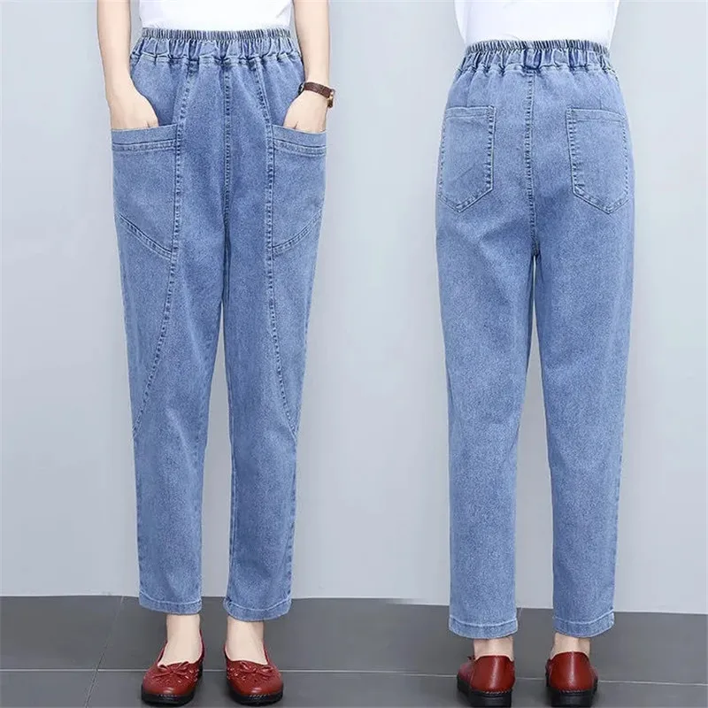 Mother Jeans New Large Size Elastic High Waist Denim Pants Middle Age Women Loose Casual Straight Jeans Pants Female Trousers