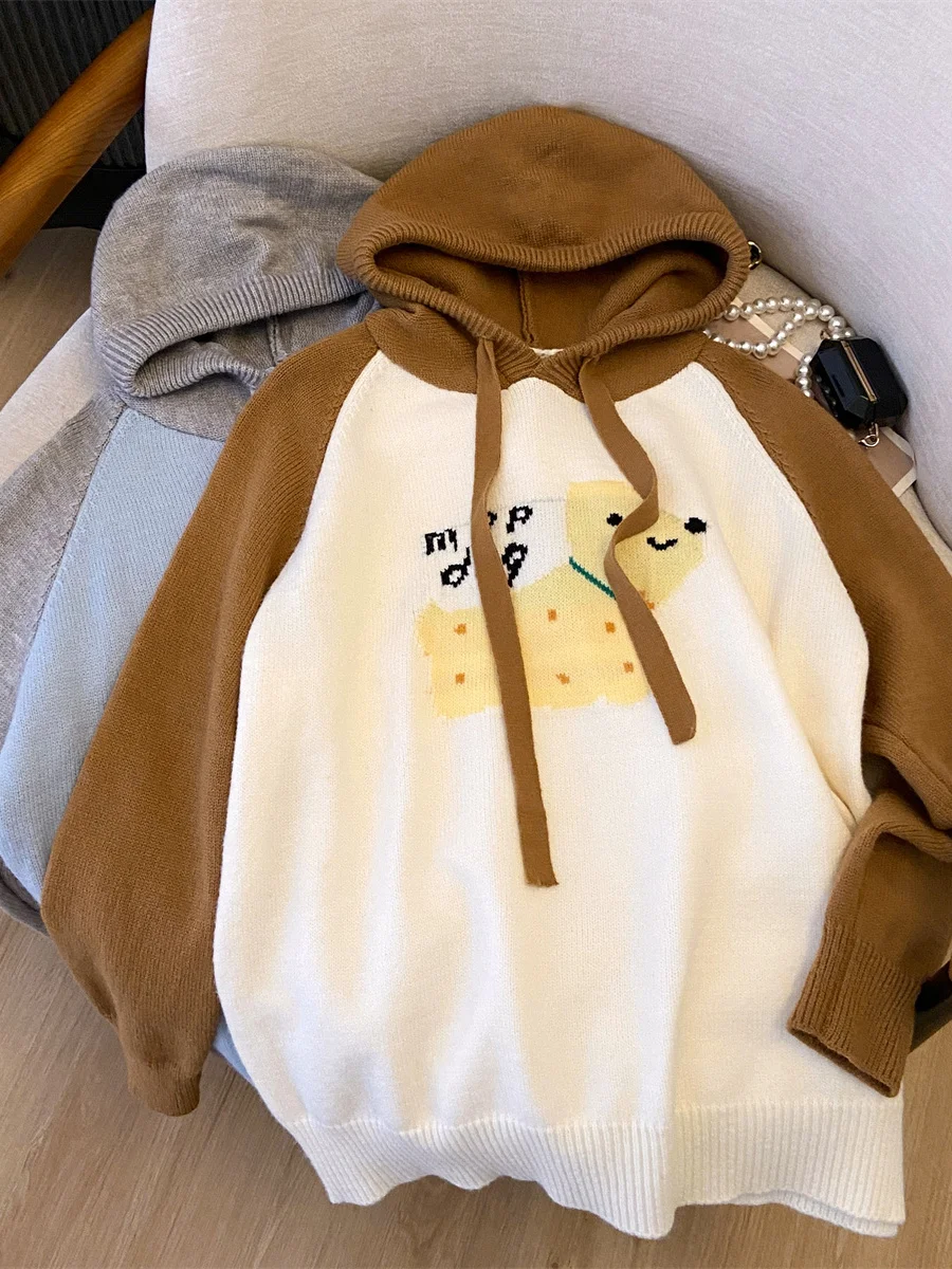 ゆったりフィット漫画犬柄パーカー スウェットシャツ ブルー色 ブルー 秋冬アウター 韓国風 ゆったりトップス レディースニットウェア