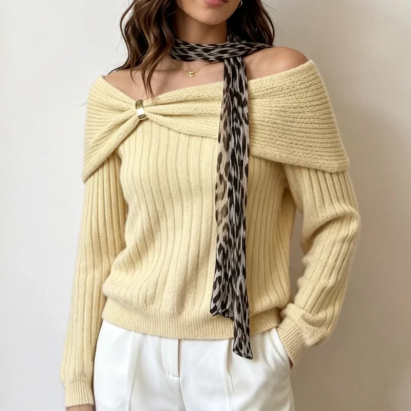 Korean Off Shoulder Top Women Leopard Print Scarf Neck Wrap Lapel Collar Metal Button Long Sleeve Blouse Chic Autumn