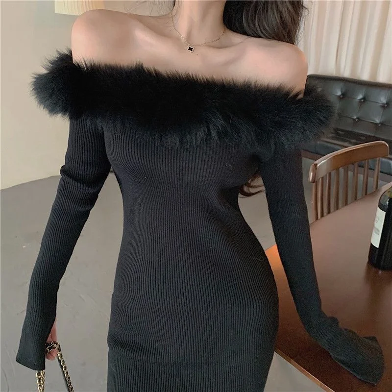 Winter Dress Sexy Slim Fit Wrap Hip Knitted Dress Off Shoulder Black Evening Dress Fashion Plush Party Prom Dress Women