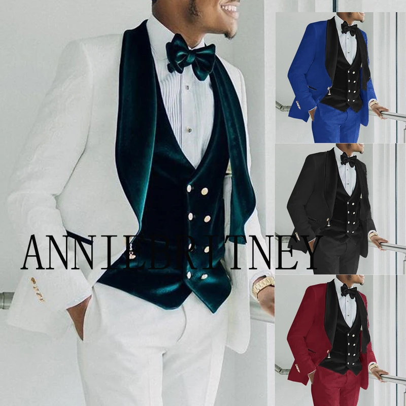 

Luxury White Jacquard Suit For Wedding Green Velvet Lapel 3 Piece Groom Tuxedos Party Blazer Custom Terno Masculino Costume