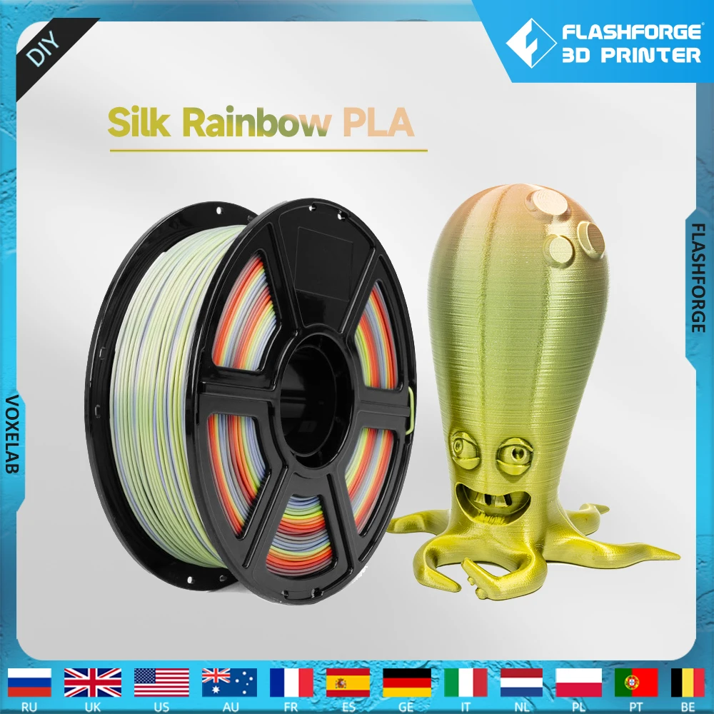 

FLASHFORGE Silk Rainbow PLA FDM Нить для 3d-принтера 1,75 мм Верхняя точность 190 ~ 230 ℃ Высокая прочность, без заглушек, без пузырей, без деформации
