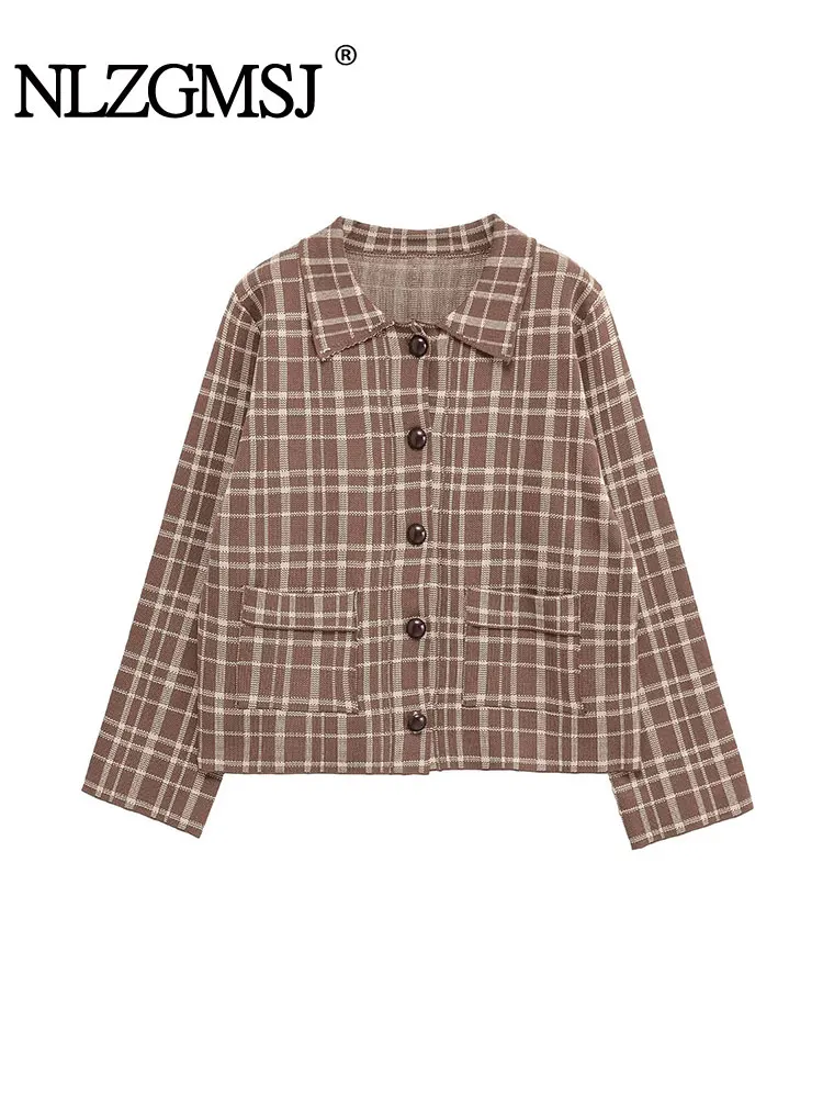 

NLZGMSJ женская уличная одежда однобортный вязаный кардиган с длинными рукавами клетчатый свитер пальто женский 2025 повседневный вязаный топ