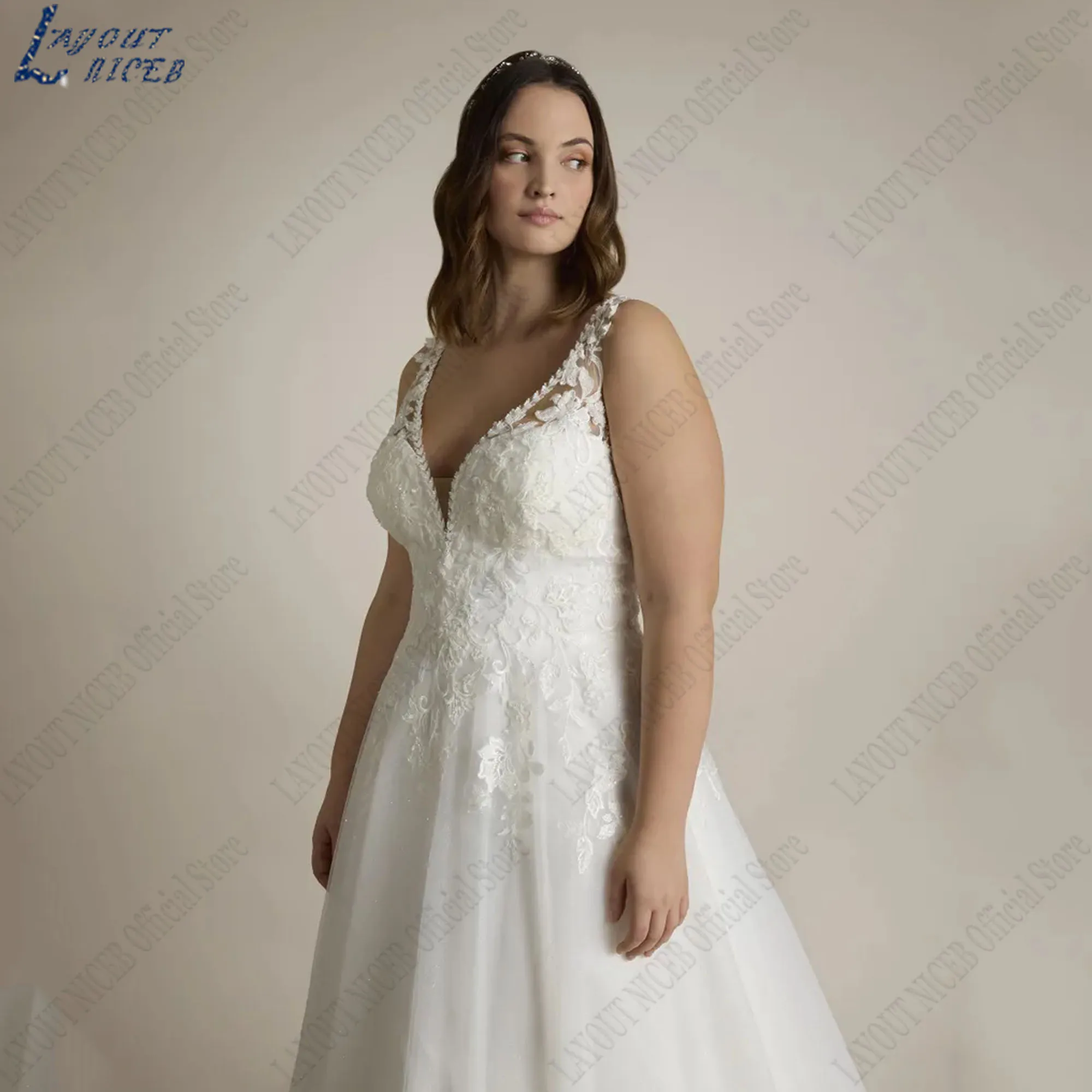 LAYOUT NICEB Large Size Bride Gowns Women A-Line Tulle Classic Wedding Dresses V-Neck Sleeveless Appliques Lace Vestido De Noiva