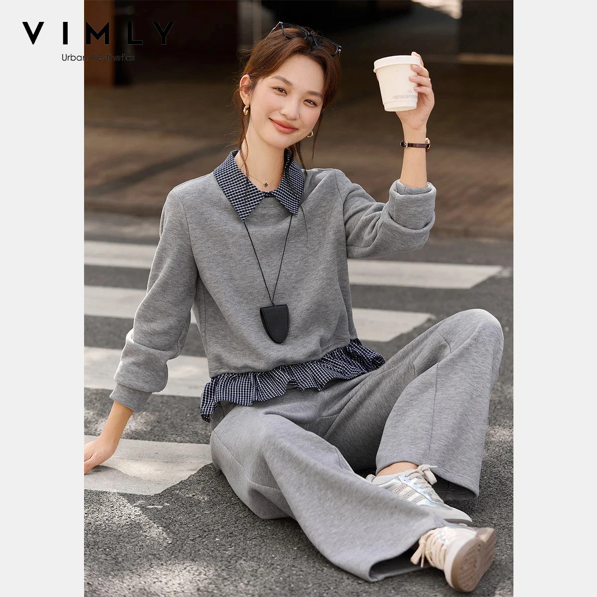 

VIMLY Grey Woman 2 Piece Outfit Pant Sets Sporty Spliced Plaid Lapel Collar Tops Wide Leg Pants Winter 2025 Lady Tracksuit A3198