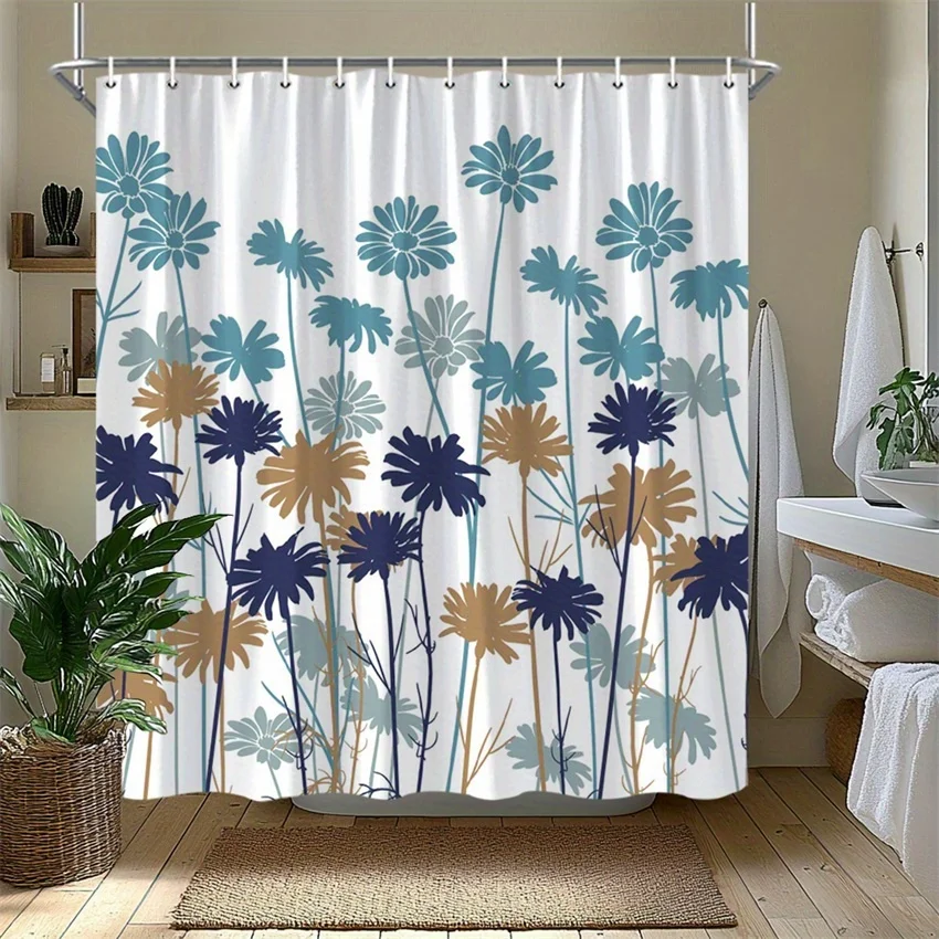 

1pc Blue and gold floral patterned shower curtain, made of polyester fabric, machine washable, suitable for bathroom décor.