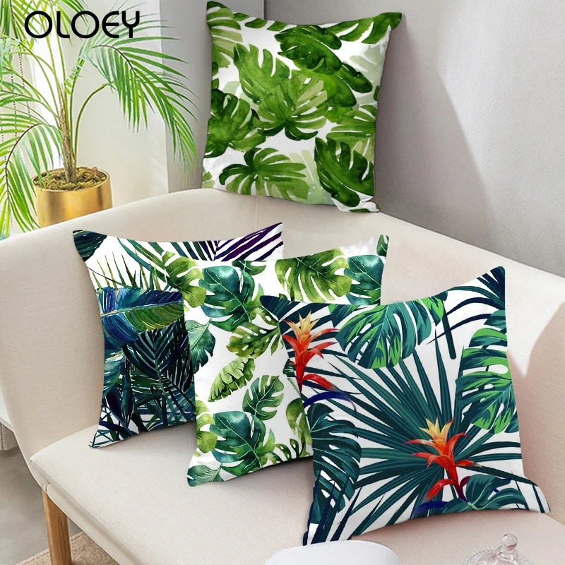 Linen Plant Printed Cushion Cover Green Leaf Pillow Cover for Home Chair Sofa Decorative Throw Pillowcase 45*45cm