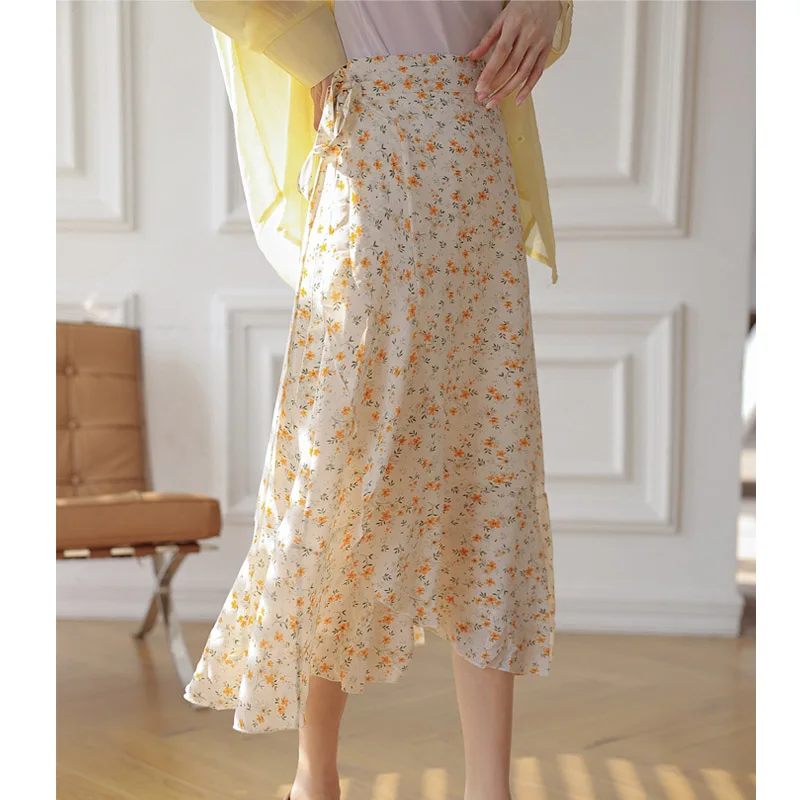 Real Shot One-Piece Retro Chiffon Floral Tie Midi Skirt High Waist Beach Ruffle Wrap Skirt