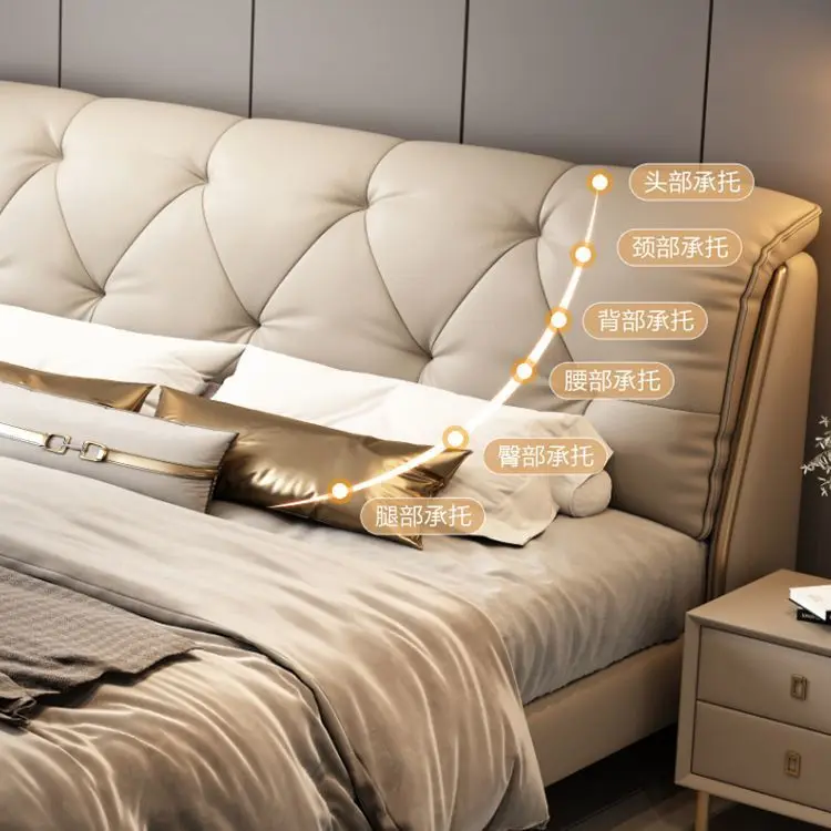 جلد فاخر خفيف، حقيبة ناعمة ومسند ظهر لغرفة النوم الرئيسية وسرير مزدوج لتخزين سرير الزفاف الفاخر