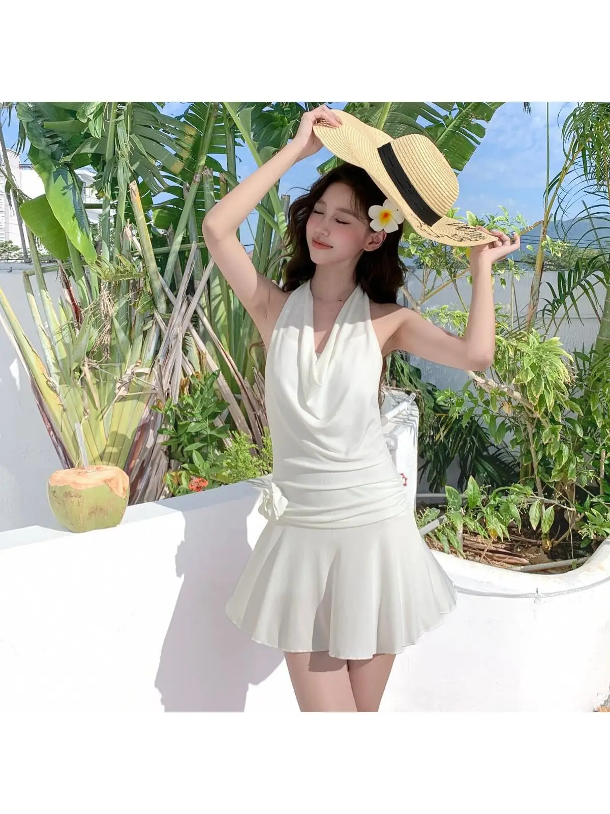 Pure Desirable Spicy Girl Style Waist-Cinching Necklace Dress Women's Swimsuit Flat Angle Meat Concealing Swimming Costume