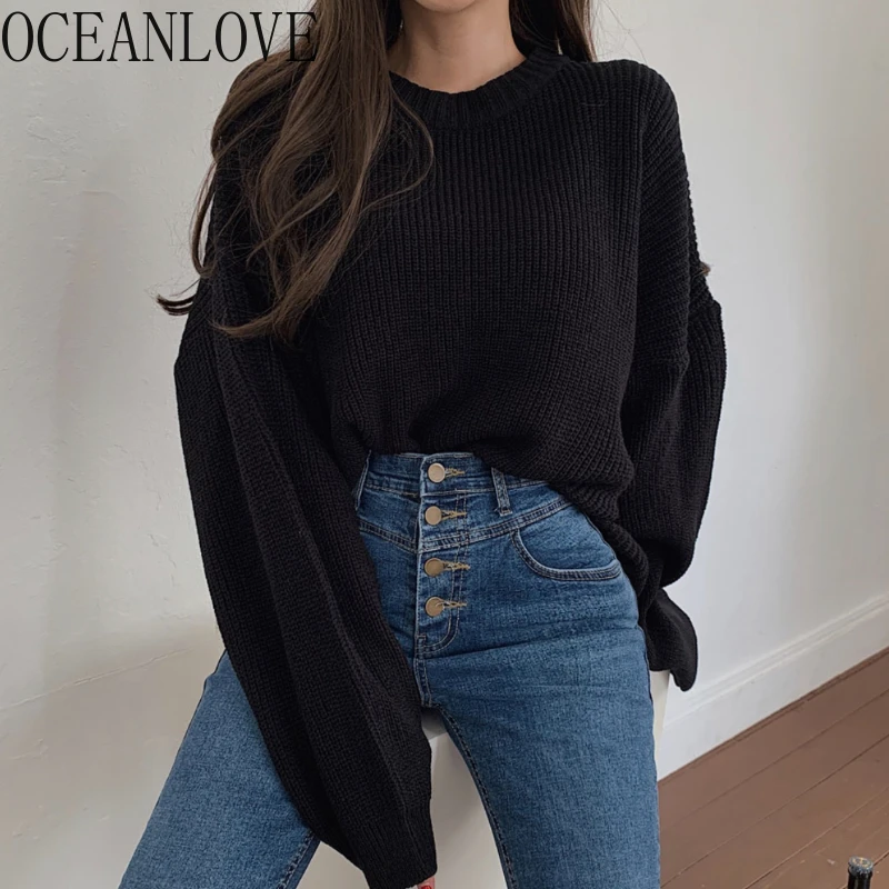 OCEANLOVE Solid Basics Women Sweaters Autumn Winter Korean Fashion Simple Pull Femme Loose Casual Vintage O Neck Sueter Mujer