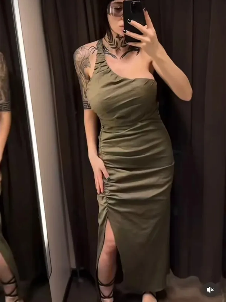 TRAF vestido asimétrico ajustado para mujer, vestido Midi fruncido con Espalda descubierta, sin hombros, vestidos largos sin mangas para fiesta de verano