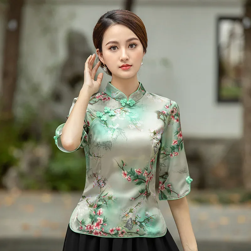 

Chinese Tradition Blouse Lady Summer New Short Sleeve Tang Suit Shirt Flower Print Vintage Satin Mandarin Collar Cheongsam Tops