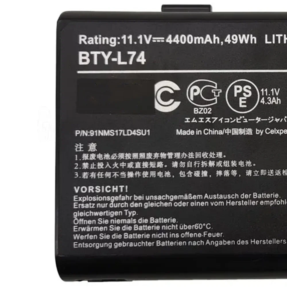 Bateria do portátil BTY-L74 11.1V 4400mAh para MSI, A5000, A6000, A7200, CR500, CR600, CR610, CR630, CX610X, BTY-L75, brandnew, original