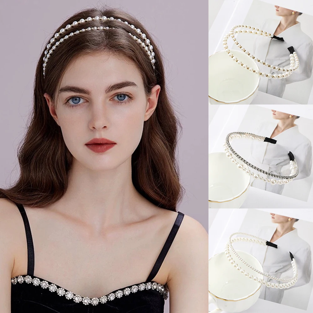 Pearl Metal Bead Double Layer Headband Women Princess Headbands Bezel Korean Fashion Hair Accessories Hair Band Hoops Headwear