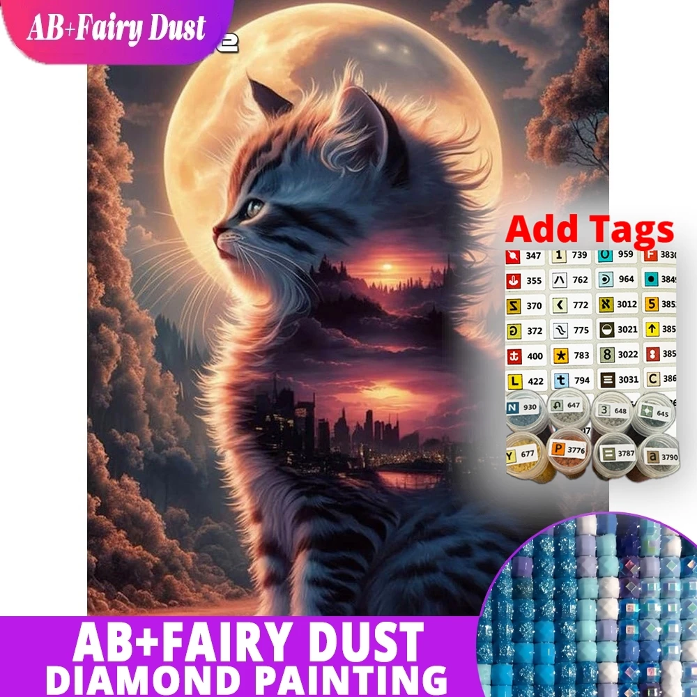 

AB Fairy Dust DMC stickers Diamond Painting Cat Full Square Drill Mosaic Animal DIY Picture Rhinestones Embroidery Moon 5D Child