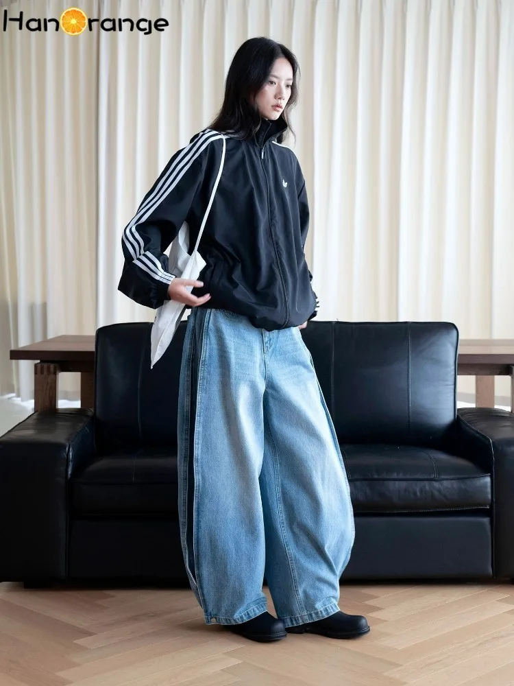 Women High Waist Asymmetric Diagonal Buckle Double‑Placket Loose Slim‑Fit Side Pleat Cocoon Jeans Streetwear Blue
