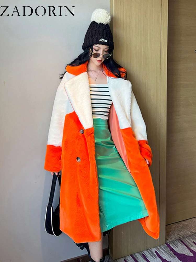 Zadorin Frauen Wintermantel pelzigen warmen langen Kunst kaninchen Pelzmantel Frauen Revers gespleißt weiß orange Kunst pelz Jacke Trenchcoat