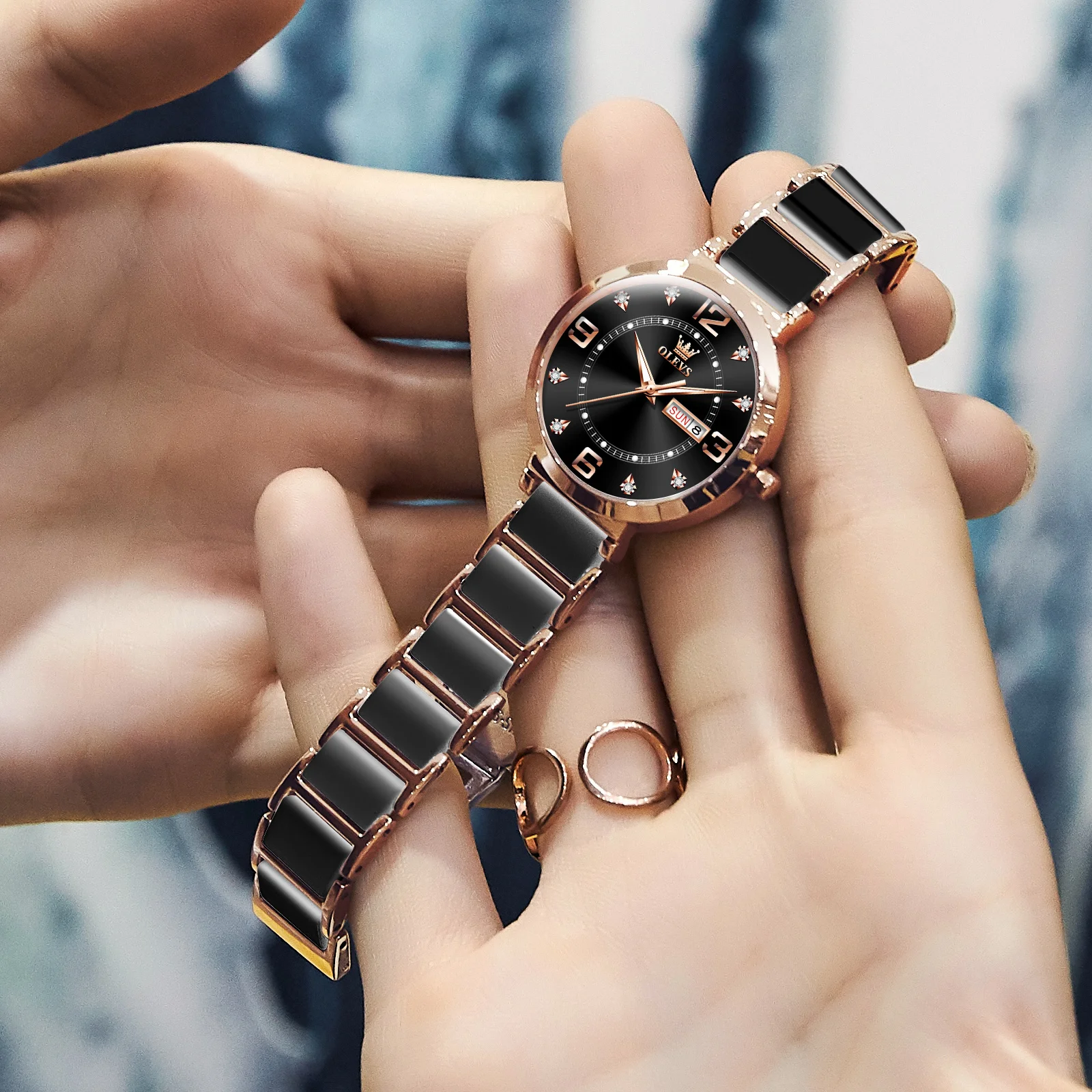 OLEVS Top Brand Ceramics Watchstrap Quartz Women Watches Luxury Fashion Diamonds Elegant Waterproof Clock Date Week Reloj Mujer