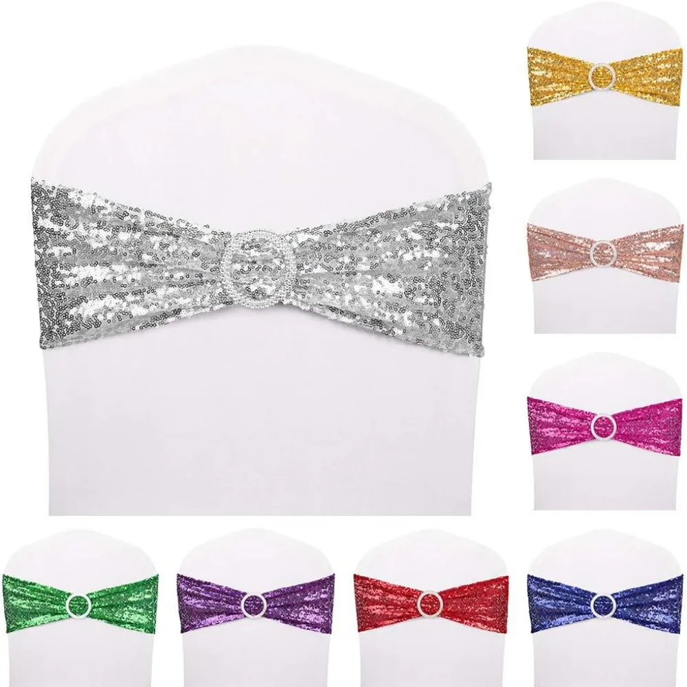 

50pcs Chair Sashes Sequin Stretchy Spandex Band with Silver Buckles Decorative Bows One-Sided Sequins Decor for Wedding Party