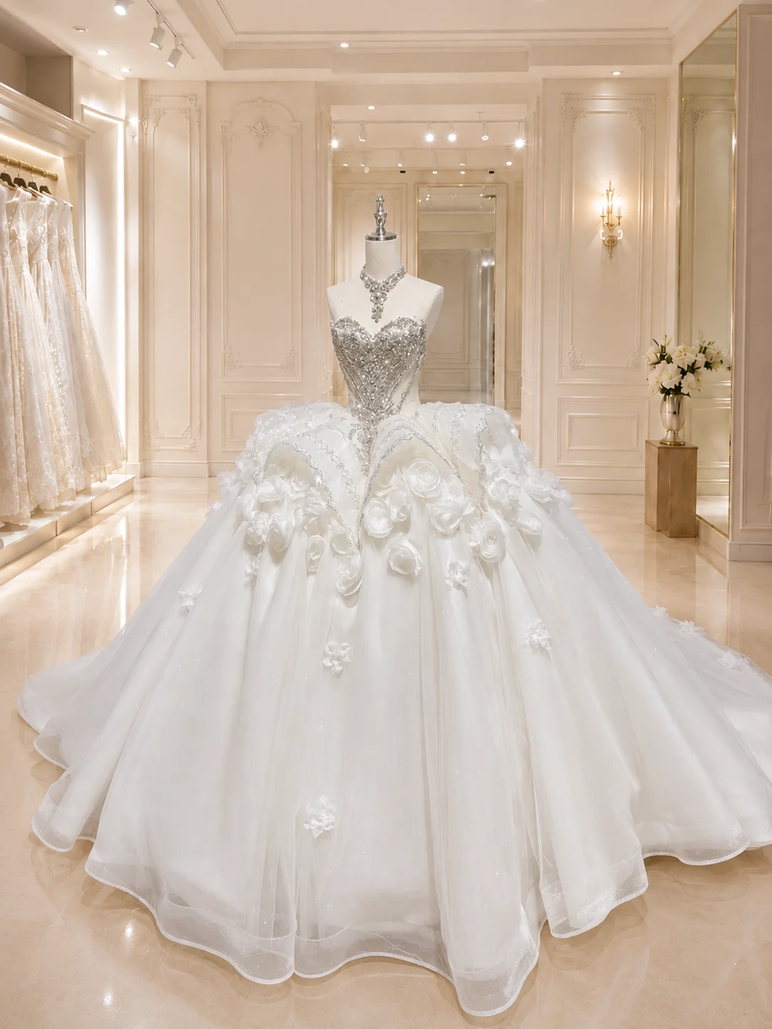 Luxury Crystal Beaded Ball Gown Wedding Dress Strapless 3D Flowers Rose Appliques Long TrainCustomiz Vestido de Novia Princesa