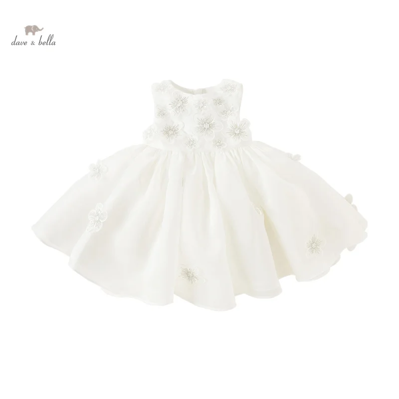 Dave Bella Girl's Princess Dress 2024 New Summer Children's Baby Sleeveless White Mesh Noble Cute Sweet Charm Party DB2241509