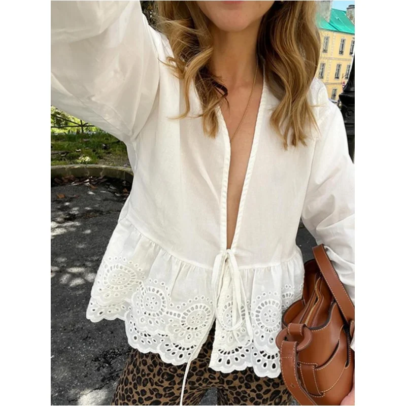 Taop&Za women\'s 2024 summer new casual commuting all-match deep V-neck long-sleeved lace-up hollow embroidered shirt top