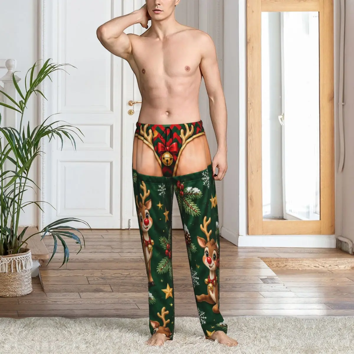 Men Merry Christmas Santa Claus Snowman Lounge Pants Comfy Pajama Sleep Bottoms With Pockets