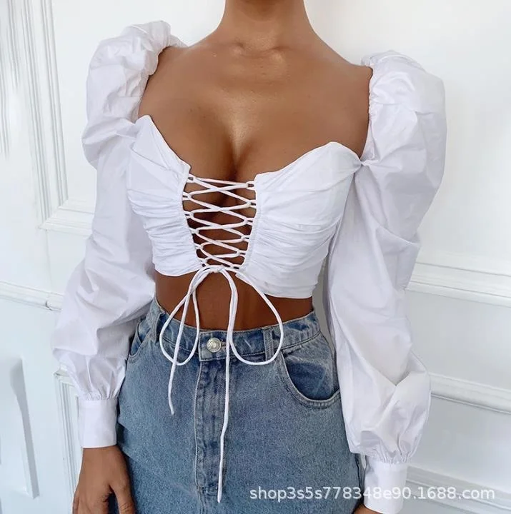 

Summer cross tie short open navel top Crop Top slim Lantern Sleeve one line collar top