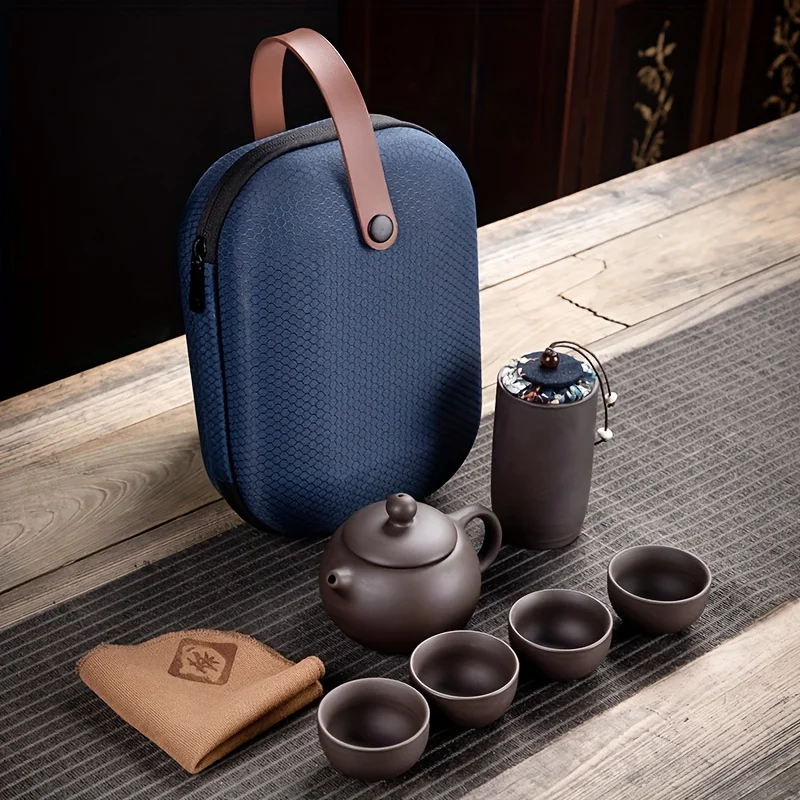 

1set Traditional Chinese Kung Fu Tea Set Elegant Ceramic Purple Clay with Teapot Cups Can Towel in Portable Case Drinkware Gift