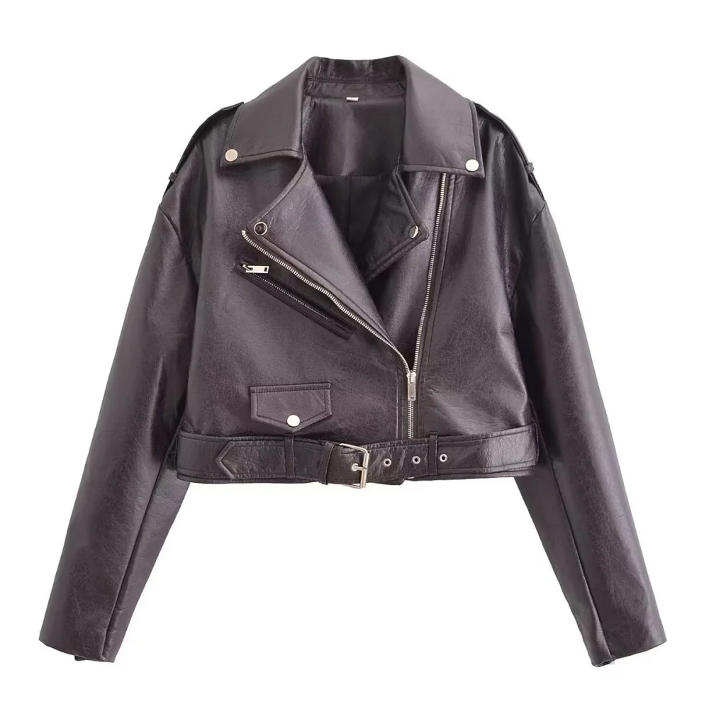 Women's motorcycle leather jacket long sleeved diagonal zipper belt decoration autumn and winter new leather jacket jacket