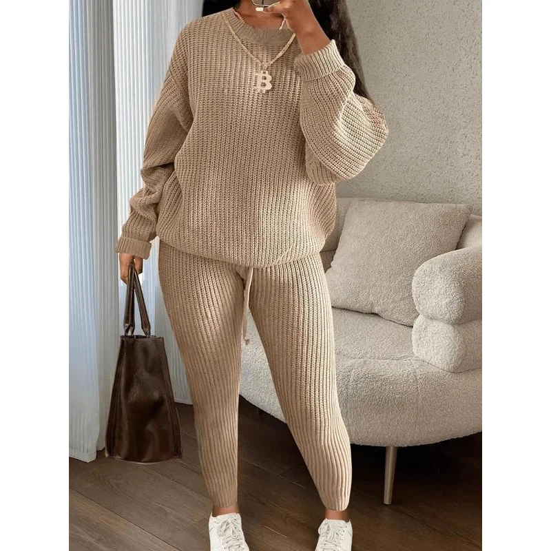 

Women's Solid Drop Shoulder Long Sleeve Sweater & Drawstring Waist Pants Set, Casual Fashion Cozy Knitwear for Daily Outdoor Wea