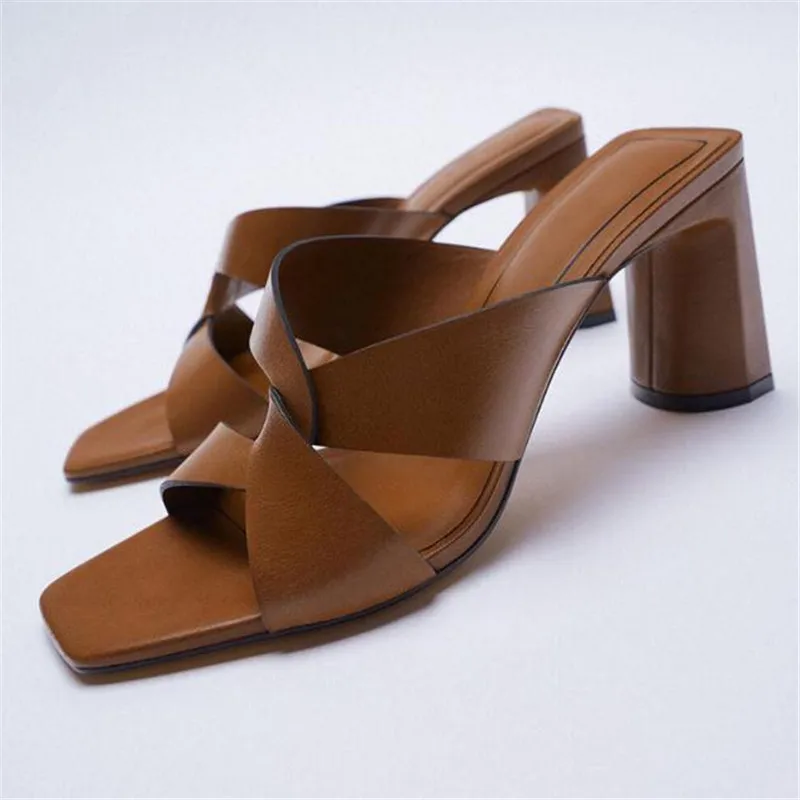 Summer new women\'s shoes brown black thick-heeled cow leather sandals square toe cross with open toe back high heels slippers