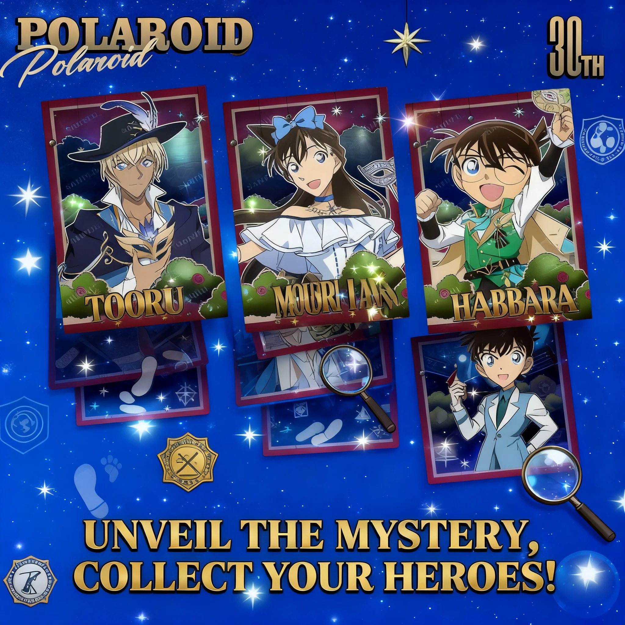 

Серия к 30-летию «Детектив Конан»: значки, полароиды и другие сувениры с Кайто Кидом, Хайбарой Ай, Амуро Тоору