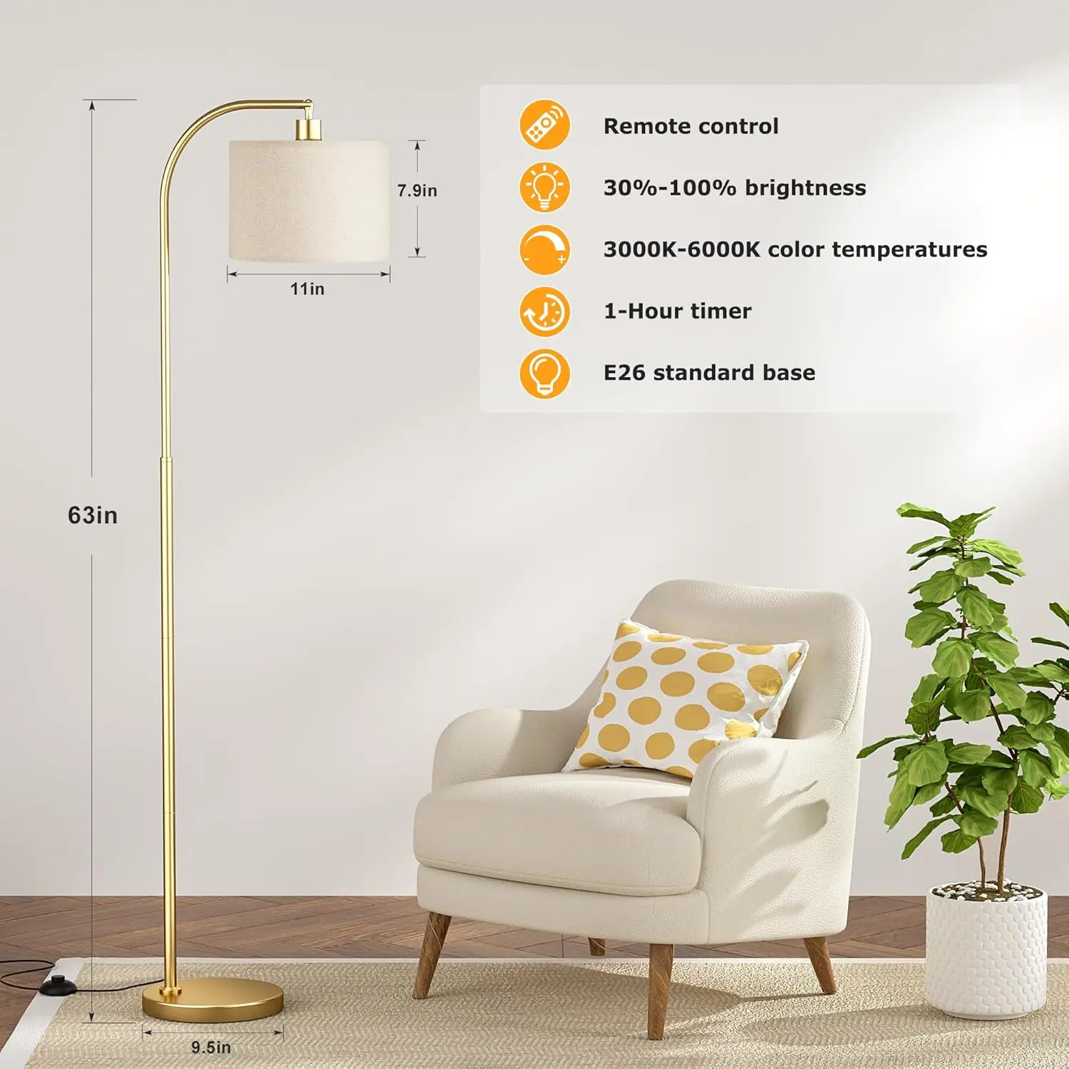 Ambimall Gold Arc Floor Lamp With Remote - Dimmable Bulb, Colors Temperature Adjustable, Easy Assembly, Modern Standing Lamp