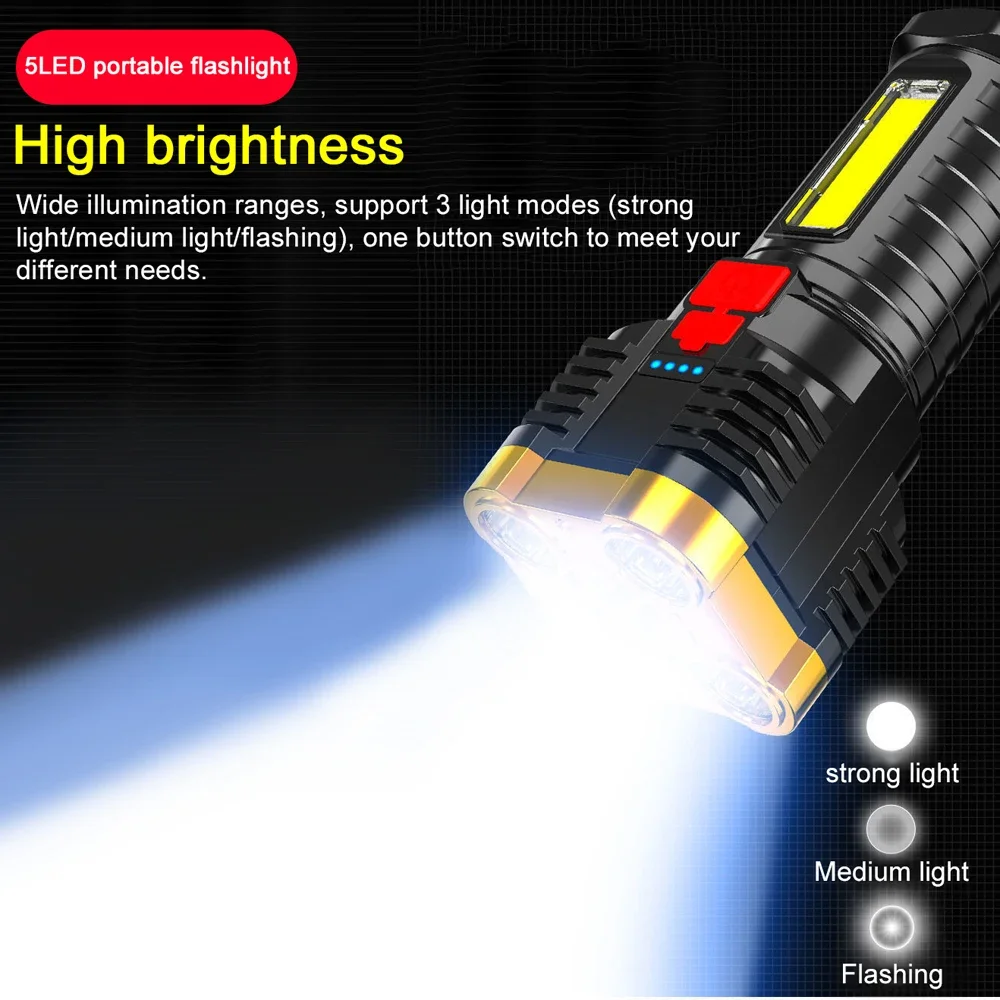 5 LED USB Rechargeable Flashlight with Sidelight High Lumen Work Light 4 Light Modes Camping Hiking Home Emergencies Use