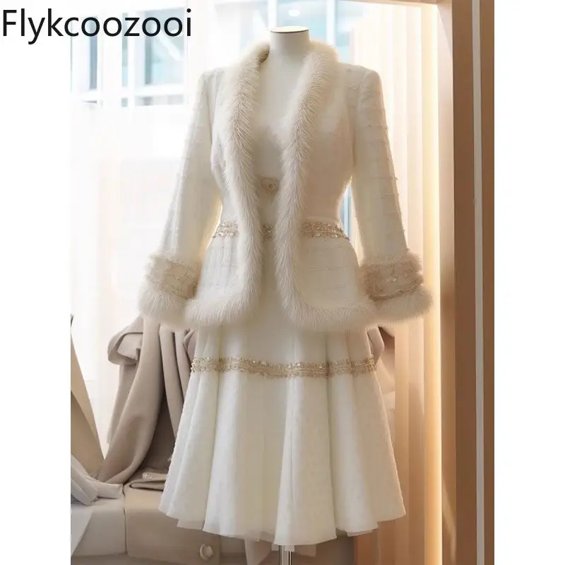 2024 neue elegante schöne hochwertige weiße Mantel Rock zwei Sätze Frauen Winter Conjunto de Dos Piezas de Moda Para Mujer